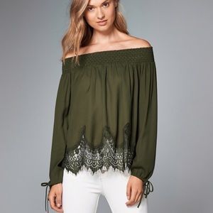 Abercrombie | Green Off the Shoulder Lace Bottom Blouse